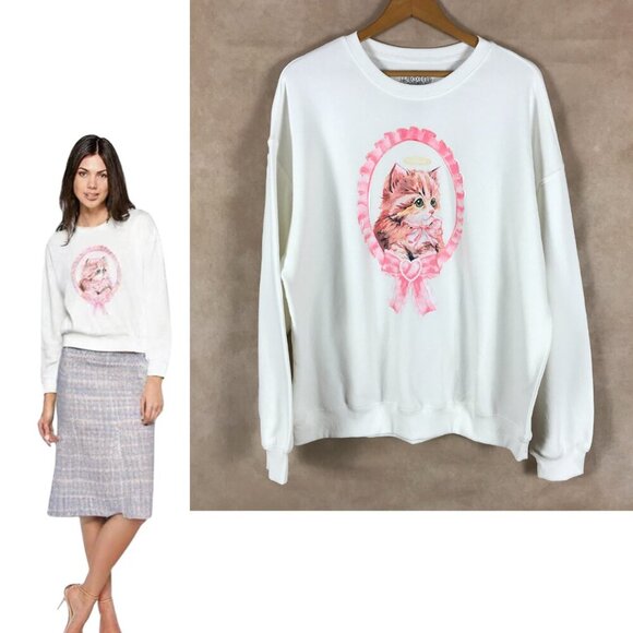 Goodie Two Sleeves Women's Angel Kitten White Crewneck Sweatshirt NEW XL - Picture 3 of 6